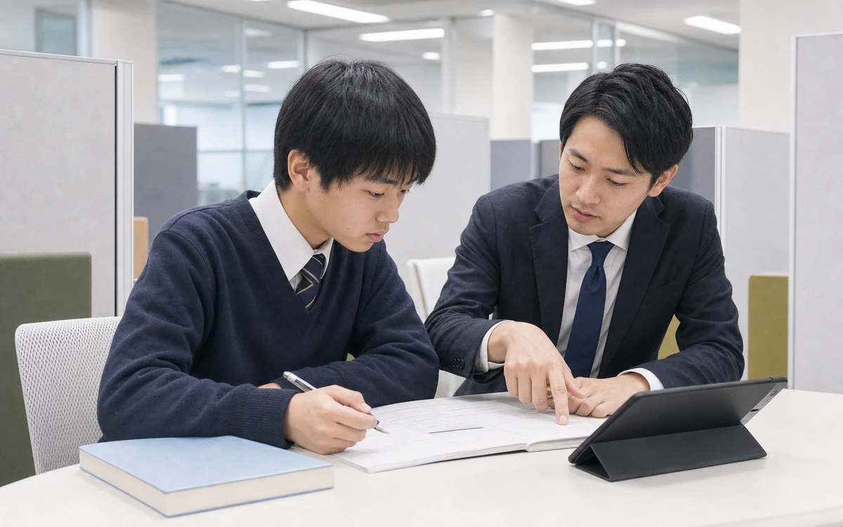 講師と学習計画を確認する高校生