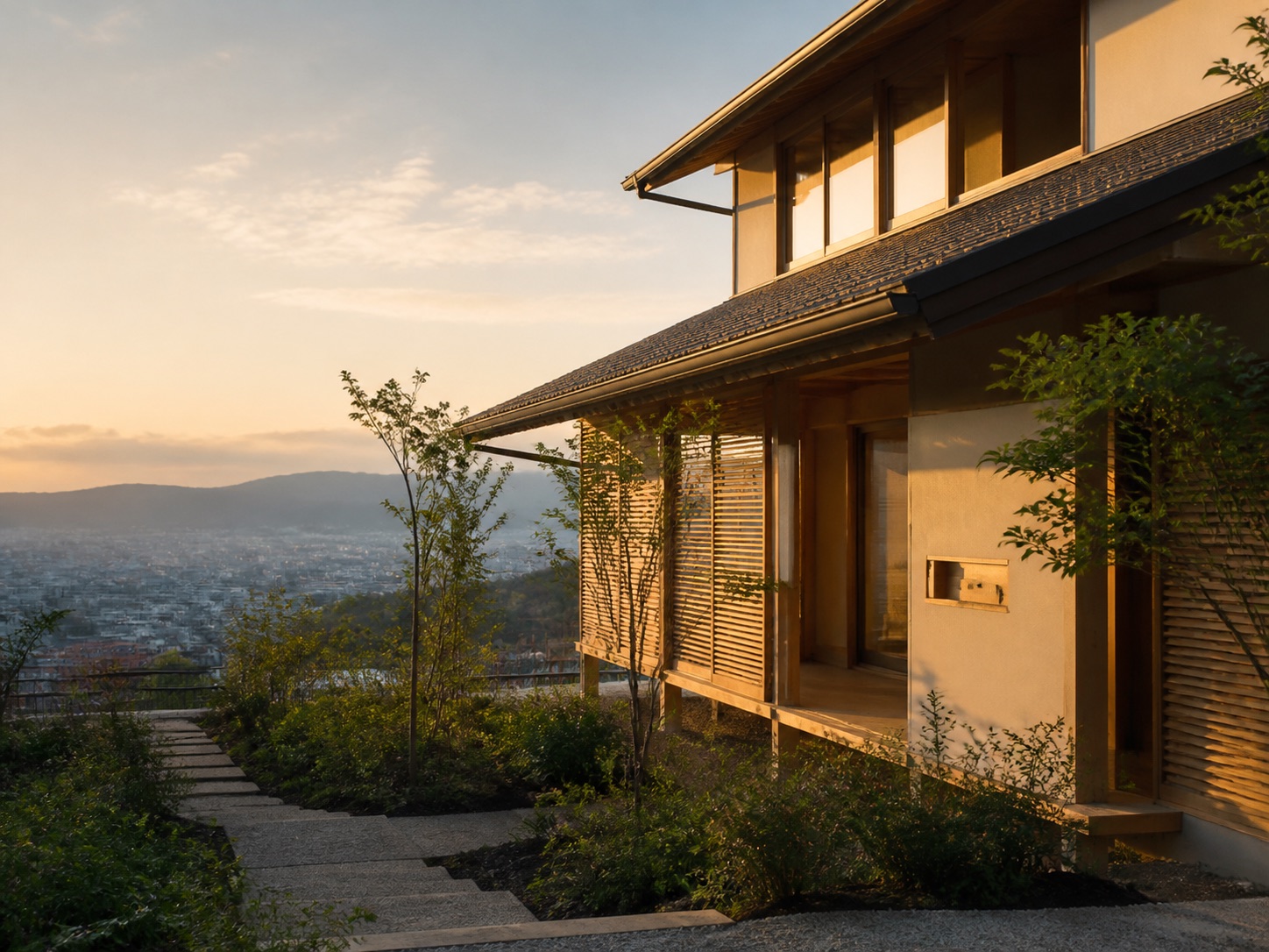 夕景の眺望を望む高台の二階建て木造住宅
